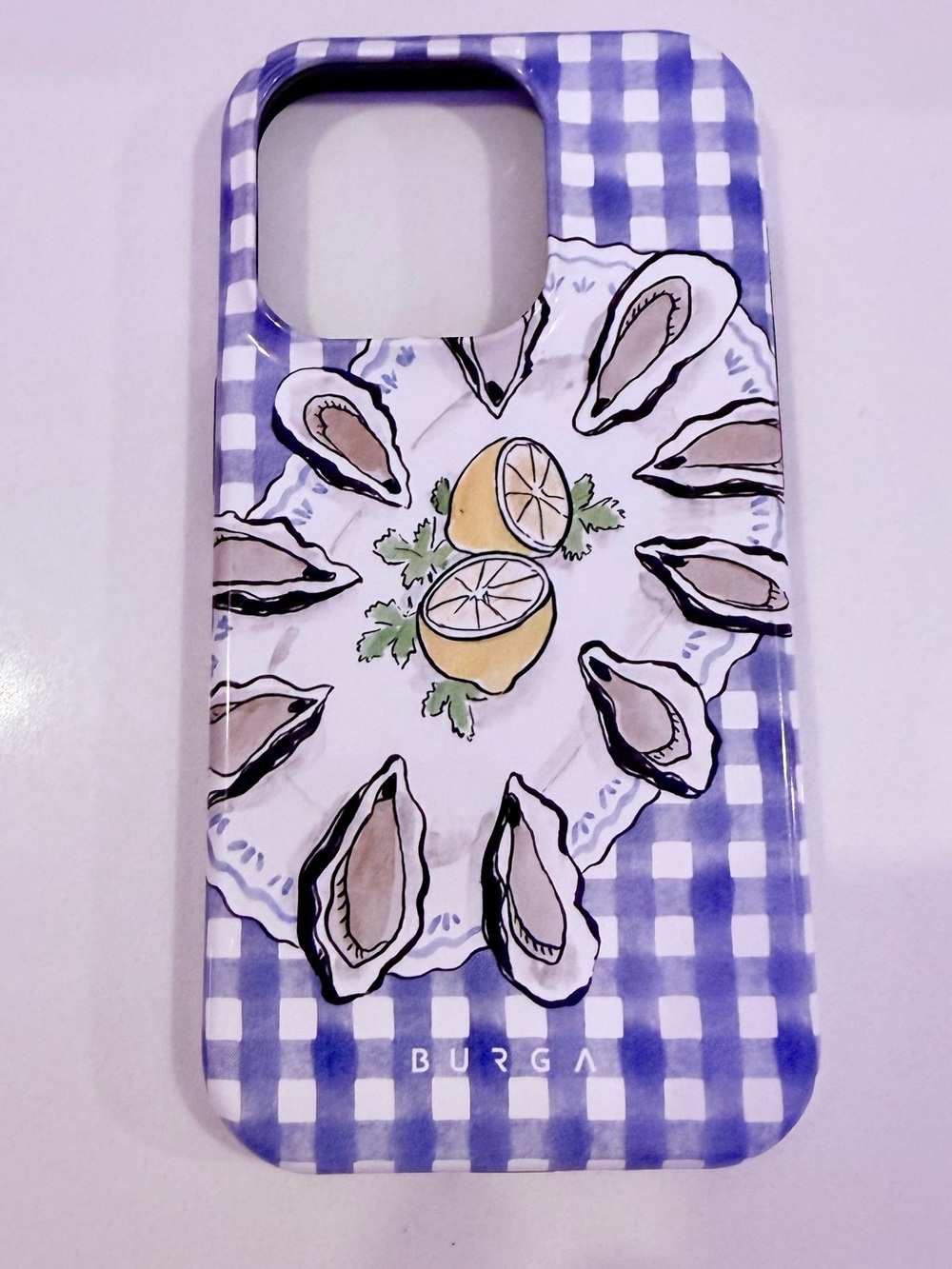 Burga Blue Gingham Oyster & Lemon iPhone Case. iPhone 14 Pro Case 🌊